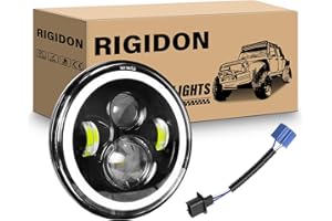 RIGIDON 1PCS 7 Inch Round LED Headlight, 4 LED Motorcycle Headlight White DRL High/Low Beam Amber Halo Turn Signal Angle Eyes Light for Wrangler JK TJ LJ CJ Motorcycle Davidson