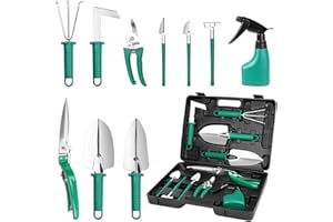 GIOVARA Ensemble d'outils de Jardin de 10 Pièces avec étui de Transport Comprenant Un Transplantoir, Un Sécateur, des Pelles et Un Vaporisateur d'eau, Coffret Cadeau de Jardin