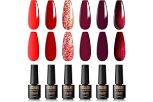 ROSALIND Esmaltes Semipermanentes Para Uñas Rojo,6 Colores Rojo Oscuro Serie Pintauñas Semipermanentes,ino Tinto Rojo Kit Soak Off UV/LED de San Valentín Otoño invierno Regalos Navideños DIY