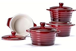 HENTEN HOME Pirottini Ceramica con Coperchio, Ramekins Set di 4 x 250ml, Pirottini da Soufflé in Porcellana per Muffin, Cupcake e Budini - Glassa di Reazione, Rosso