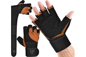 RDX Guantes Gimnasio Cuero Levantamiento de Pesas Entrenamiento, Antideslizante Palma Agarre con Muñequera Larga Fitness Gym Protección Gloves, Powerlifting Musculación Culturismo Workout Training
