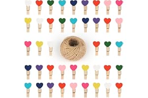 G2PLUS 100 pezzi Cuore Mollette Legno,Mollette per Foto,Mollette Mini Legno,Colore Molletta in Legno+ 30 m Spago per Foto Biglietti Matrimonio Scrapbooking DIY