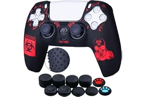YoRHa Tachonado Talla Láser Silicona Caso Piel Fundas Protectores Cubierta para PS5 Mando x 1 (BH Rojo) con Pro los puños Pulgar Thumb Gripsx 8