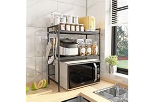 Mocosy Étagère pour Micro-Ondes Réglable et Extensible, Support de Rangement Cuisine Robust avec 3 Crochets, Hauteur et Largeur Adjustable, Organiseur d’Espace, 2 Niveaux