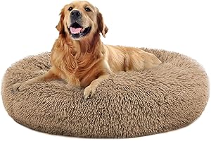 MFOX Calming Dog Bed Cat Bed Donut, Faux Fur Donut Cuddler Washable Self-Warming Pet Bed, Large Round Plush Dog Bed for Small/Medium/Large Dogs(60cm/80cm/90cm/110cm)