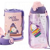 Uzspace B&uuml;y&uuml;k Boy 700ml Kılıflı Askılı Pipetli/pipetsiz Iki Ayrı Kapaklı Tritan &Ccedil;ocuk Matarası (Space Rabbit (Mor-Pembe))