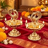 CraftVatika Pure Brass Diya, Peacock Design Brass Samai Diya Set of 2, Kuthu Vilakku for Home Diwali Decor Gift Items, Oil Wi