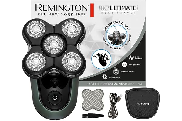 Remington Rasoir électrique [Spécial Tête rasée/chauve Fonction Turbo] RX7 Ultimate (Ultra Rapide, 5 têtes Flexibles, Résultat Précis, Tondeuse rétractable,Wet&Dry, Sans Fil 60min, Charge USB) XR1600