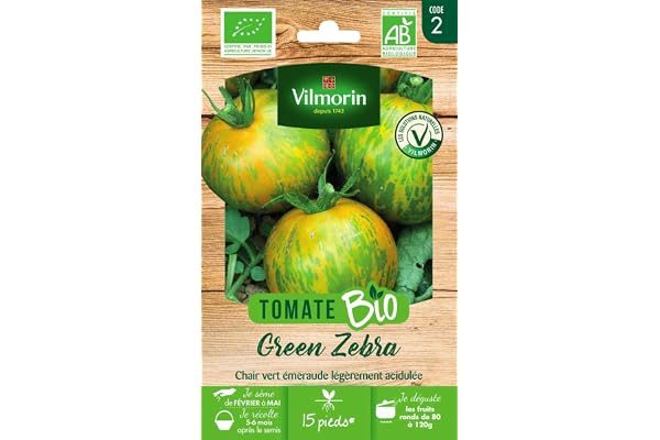 Vilmorin - Tomate green zebra bio - fruit de mi-saison - robe verte zebrée de jaune - chair émeraude - goût doux et acidulé - rendement jusqu'à 2 à 4 kg par pied