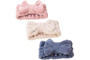 iwobi 3 Pezzi Fascia per Capelli da Bagno,Fascia Capelli Trucco/Fascia Elastica per Capelli con Fiocco per Donne,Blu, Rosa, Bianco
