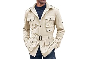 Runcati Mens Safari Jacket Military Utility Multi Pocket Casual Outdoor Fishing Cargo Outwear Coat with Belt
