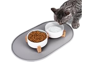 LDYOEN Futternapf Katze - 2er Set Katzennapf Keramik mit Bambus Ständer und Napfunterlage Silikon - Fressnapf Katze Napf Hundenapf - Futterstation Napfset für Katzen und Kleine Hunde - 2 x 400 ML