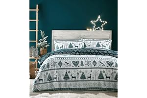 HOMEMAKER BEDDING Christmas Duvet Set Teal White Reindeer Stag Hearts Xmas Trees Festive Quilt Cover (King)