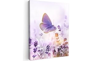 MuchoWow© Cuadros Salon Modernos 60x80 cm Adornos Pared Decorativos Dormitorio Lienzo Pinturas Quadro Decoración Lavanda - Mariposa - Morado - Flores - Naturaleza