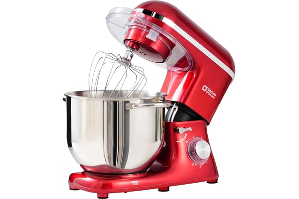Kitchen in the box Robot Pâtissier 1400W, Bol 7,5L en Acier Inoxydable, 6 Vitesses, Tête Inclinable, Accessoires Inclus (Fouet, Crochet, Batteur), Idéal pour Pâtisserie et Boulangerie (Rouge)