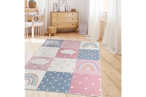 TT Home Nursery Rug Carpet Boy Girl Kids Carpet Baby Hearts Pastel, colour:Grey Beige Pink, Size:160x220 cm