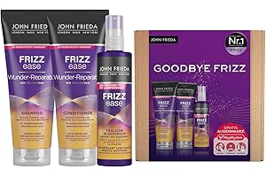 John Frieda Frizz Ease Wunder Set de reparación - Champú, acondicionador, espray de cuidado inmediato y antifaz MegRhythm - Programa de bienestar para el hogar