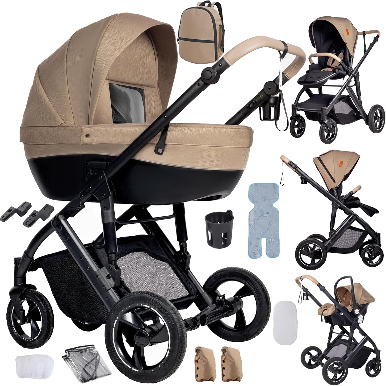3 in 1 Travel Systems Baby Stroller with Carrycot, Sleeping Basket, Shock-Absorbing, 0-48 Months (3 in 1 Brown)