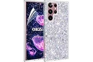 OKZone Compatible with Samsung Galaxy S22 Ultra Case [with HD Screen Protector], Bling Glitter Sparkle Design Slim Fit Soft Gel TPU Silicone Skin Cover Anti-scratch Protective Case (Sliver) Silver