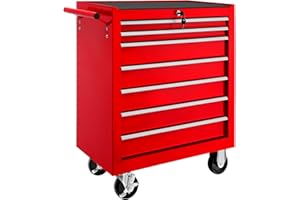 TecTake ® Carrito Auxiliar con Ruedas, 7 Cajones, Revestido en Polvo, Organizador de Herramientas, Caja de Herramientas Vacía, Armario Metálico, Carro Taller, Ruedas con Freno - Rojo