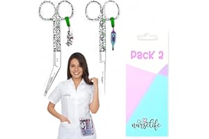 EWIG I love Nurse Life Pack 2 Tijeras Enfermeria Mayo y Pico Pato - Punta Roma |Para Bolsillo y Porta tijeras Enfermera, Punta Redonda Profesional, Primeros Auxilios, Vendaje. Pulido. Verde Flores