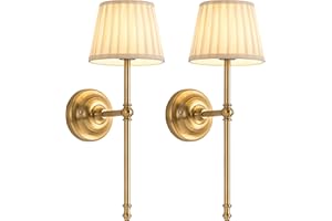 NEWSEE Battery Operated Wall Lights Set of 2, Cordless LED Fabric Wall Sconces, 5200mAh Rechargeable, Dimmable with Touch & Remote Control, Wireless Lamp for Hallway, Bedroom Living Room (Gold)