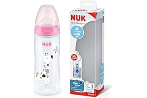 NUK biberón First Choice+ Flow Control | 6-18 meses | Control de temperatura | Chupete de silicona | Válvula anticólicos | Sin BPA | 360 ml | Rosa | 1 unidad