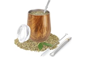 Yitobici Taza de té mate de doble pared de acero inoxidable resistente al calor con tapa sin BPA, dos pajitas y cepillo de limpieza (color de grano de madera)