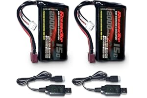 RoaringTop Batterie Li-ion 7,4V 2000mAh 2S Rechargeable avec T Plug avec 2 câbles de charge USB pour WLToys 4WD Haute Vitesse RC Voiture et la plupart des voitures RC à l'échelle 1/10,1/12,1/16 Camion