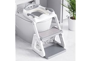 Orzbow Adaptador Wc Niños con Escalera, Estabilizar Reductor Wc Niños con Estructura Triangular, Pedal Extendido y Cojín de PVC Impermeable, Antideslizante y Plegable, Ligero y Portátil, Gris
