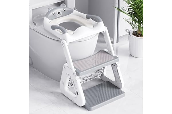 Orzbow Reducteur Toilette Enfant avec Marche, Stabiliser Rehausseur Toilette Enfant avec Structures Triangulaires, Pédale Allongée et Coussin en PVC Imperméable, Antidérapant et Pliable, Gris