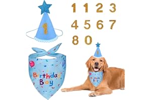 elook Dog Birthday Bandana Set, with Dog Birthday Boy Hat Numbers Triangle Scarf, Reusable Party Supplies - Large/Blue