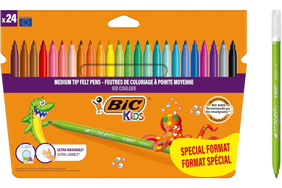 BIC Kids, Kid Couleur, Rotuladores Lavables para Niños,Ideales para Material Escolar, Punta Media Resistente, Colores Brillan