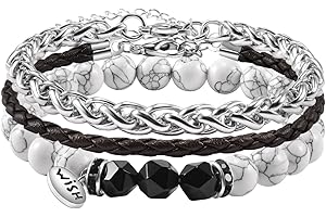 YELUWA 3 PCS Bracciali Di Pietra Bianco Turchese Africana per Uomo Con 3 Bracciale Di Ossidiana Nera in Titanio E Corda Vintage Intrecciata Mano Regali Compleanno per Ragazzi Fidanzati Moda Bracciale