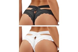 ohmydear String Sexy Tanga Femme Sexy Chic Dentelle String Culottes Slips Femmes Croisées Creux Out Entrejambe en Coton XS-4XL Transparent Panties Strings et Tangas sous-Vêtements Culottes