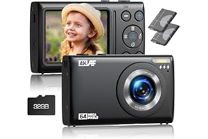 HOTPEAK Cheap Digital Camera, 4K 64MP Autofocus Point and Shoot Camera with 32G SD Card, Compact Vlogging Cameras for Photography with 2 Batteries for Beginners Teen Black