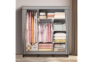 LOEFME Armadio pieghevole in tela, guardaroba portatile, montaggio rapido, 172 x 130 x 45 cm (Noir) (grigio)