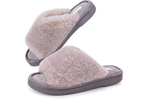 Snug Leaves Ladies' Deluxe Fluffy Memory Foam Slip on Slippers Cozy Faux Fur Lined Open Toe House Slides