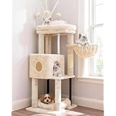 Heybly Cat Tree 115 cm, Cat Tower with Large Platform, Hanging Basket and Cave, Sisal Scratching Posts, Hanging Balls and Rem