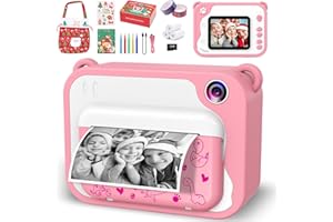 Ushining Camara Fotos Infantil Instantanea, 2.4" HD 1080P Cámara Instantánea Niños con Papel de Impresión y Tarjeta TF de 32GB Bolsa, Regalos para Niños y Niñas 3 a 12 Años, Rosa