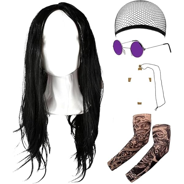 Volwassenen Osbourne paar accessoireset - lange zwarte pruik, paarse bril, gouden kruis, rode pruik, kattenoogbril, speelgoed hond - volwassenen muziek tv/film beroemdheid carnaval kostuum accessoire