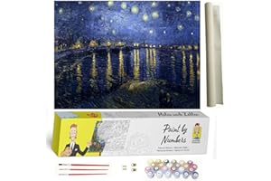 DonElton Dipingere con i Numeri per Adulti Van Gogh – Notte Stellata sulla Rhône – Tele con Numeri da dipingere, 3 pennelli e Colori acrilici – 40x50cm Senza Cornice