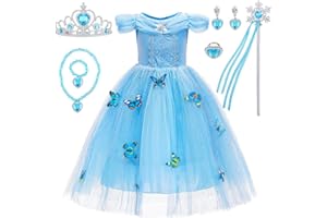 JAMATA Robe de Princesse Elsa pour Filles,Complet avec Couronne,Baguette de Fée,Collier,Bague,Bracelet,Paire de Clips D'oreille,Idéal pour Cosplay,Anniversaires et Carnaval,Taille 120 pour 4-5 Ans