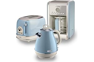 Ariete ARPK9 Retro Style Jug Kettle, 2 Slice Toaster and Filter Coffee Machine Set, Vintage Design, Blue