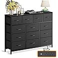 ODK Black Chest of Drawers Bedroom, 2 USB & 2 AC Ports Sockets, Contains 13 Fabric Drawers Multi-functional Fabric Drawers Suitable for Bedrooms, Living Rooms, Sturdy Storage Dresser, Black