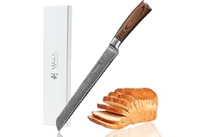WAKOLI Edib Couteau à pain en Damas I Lame dentelée de 20 cm en acier damassé à 67 couches avec noyau VG10 et manche en bois de pakka I Couteau de cuisine professionnel & couteau damassé