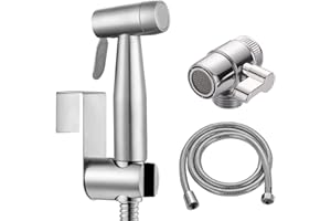 ABSOK Bidet Edelstahl Handbrause, Badezimmer - Bidetaufsatz mit mit Wasserhahn-Spender, Federschlauchhaken, Wasserhahnspender, Badezimmerhygiene und Windelreinigung,silberfarben