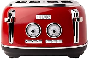 Haden Jersey Red Toaster 4 Slice - Retro Stainless Steel Design with Reheat, Defrost, Self-Centering Functions, Customizable Browning Control - 1370-1630W, 220-240V - Elegant Kitchen Appliance