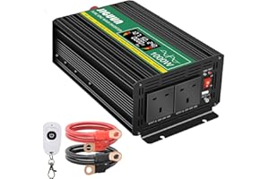 JIGUUN 1000W Inverter 12V to 240V Pure Sine Wave with LCD Display,2 AC UK Outlets and 1 USB port-Wireless remote control-for RVs, trucks, camping, emergencies, etc.