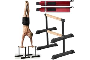 BONHARDER Parallettes Bars for Calisthenics with Wooden Beech Handles | Wrist Support Wrap Included | Heavy-Duty Steel Base | Push-Up, L-Sit, Planche & Handstand Training Bars for Home, Outdoor & Gym Use
